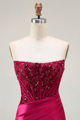Burgundy Corset Strapless Mermaid Satin Prom Dress With Slit