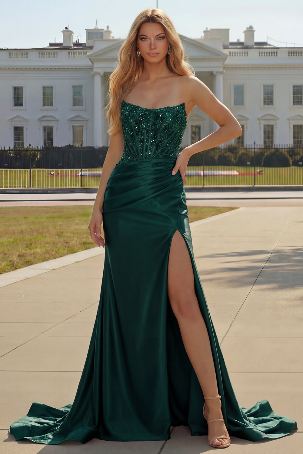 Burgundy Corset Strapless Mermaid Satin Prom Dress With Slit