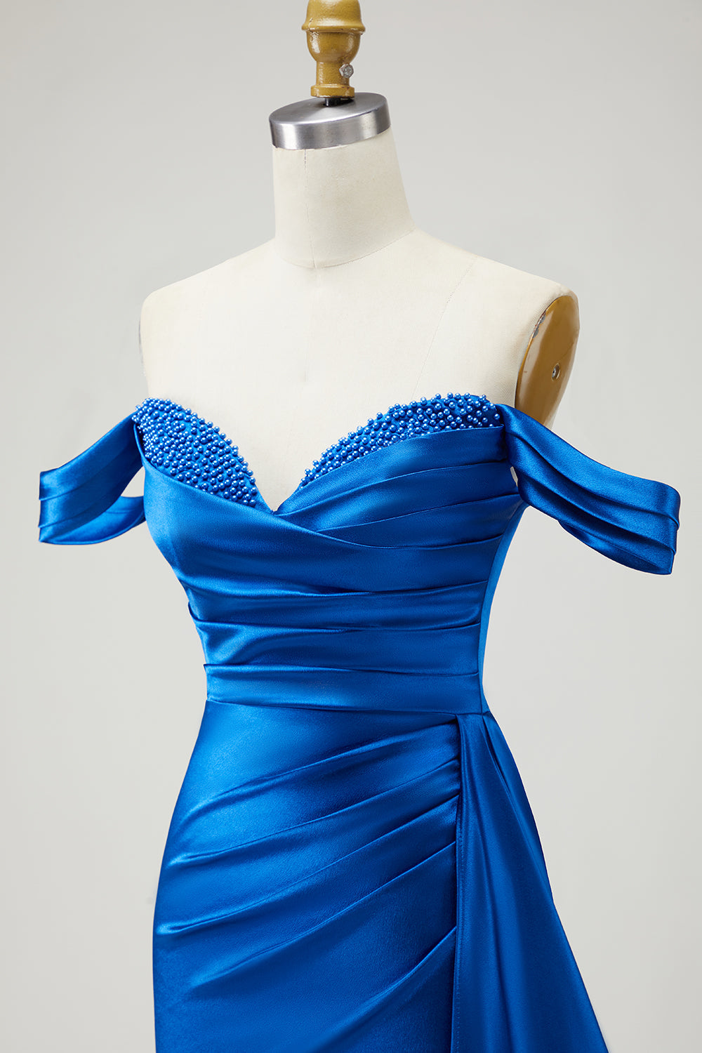 Off The Shoulder Golden Mermaid Ruched Satin Prom Dress With Slit