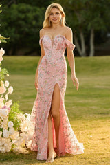 Floral Embroidered Blush Off The Shoulder Sequin Mermaid Prom Dress With Slit