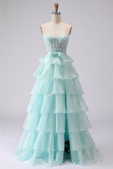 Strapless Corset Appliqued Tiered Green Prom Dress