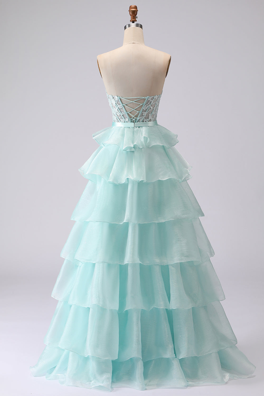 Pink Tiered Strapless Corset Beaded Prom Dress