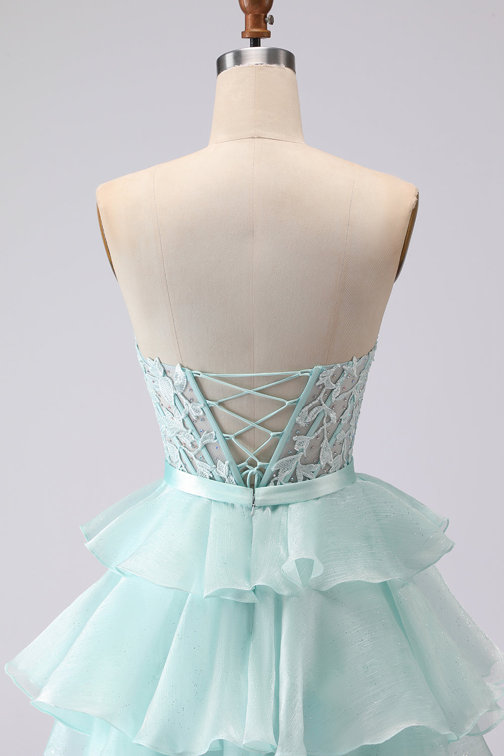 Pink Tiered Strapless Corset Beaded Prom Dress