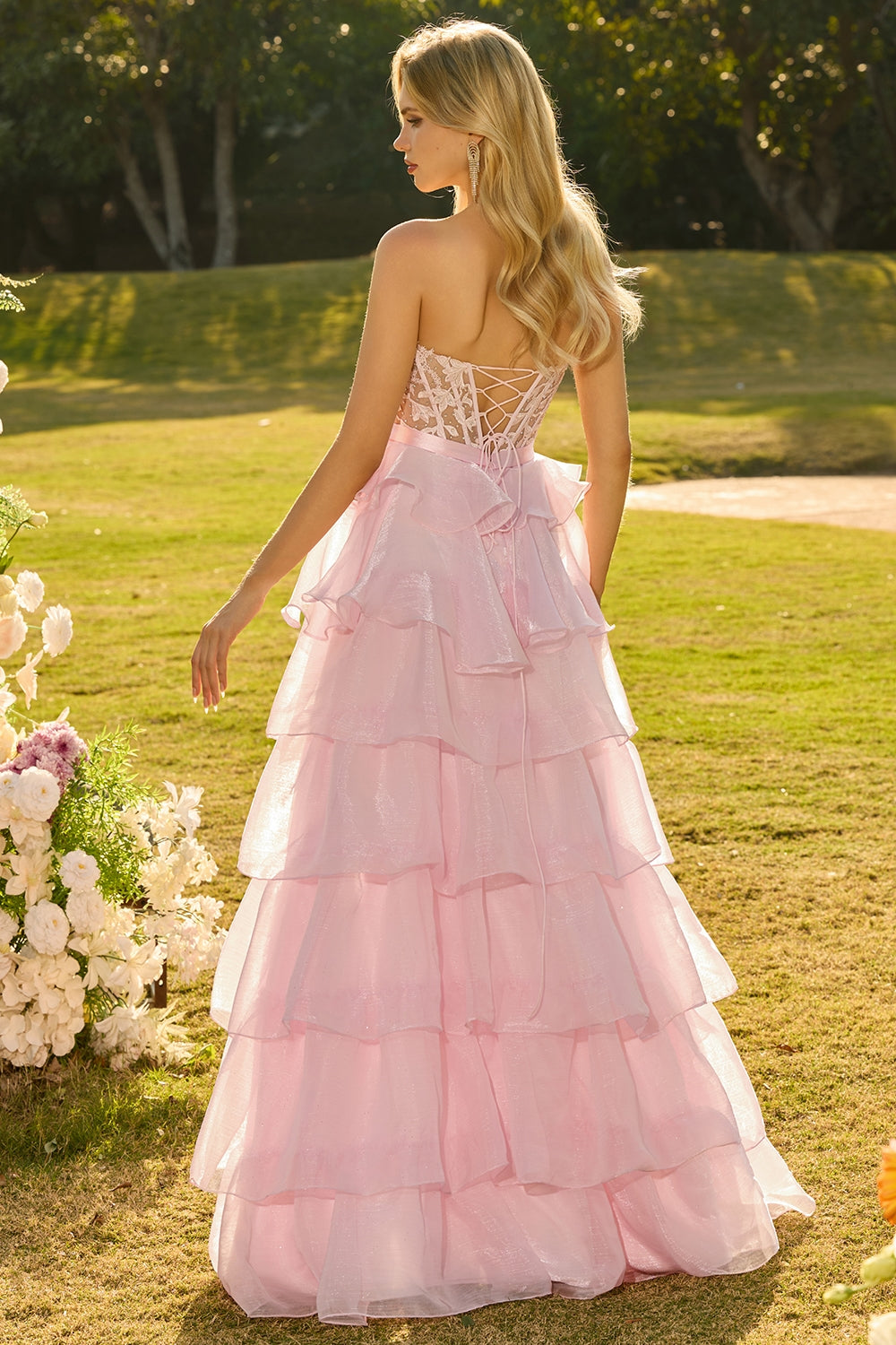 Strapless Corset Appliqued Tiered Green Prom Dress