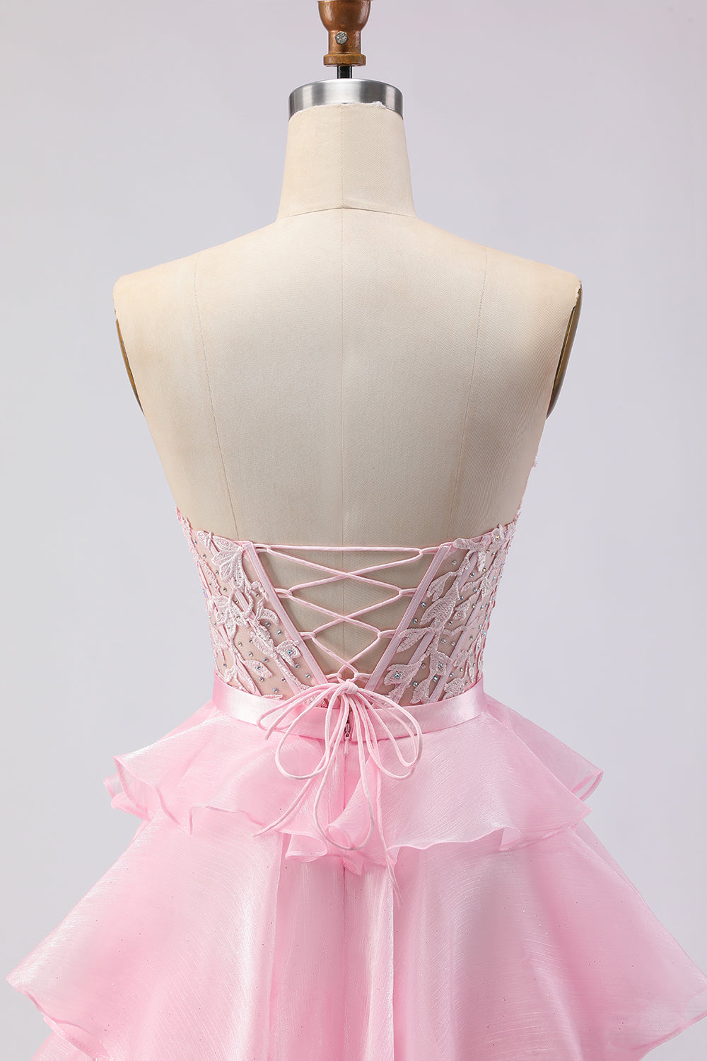 Pink Tiered Strapless Corset Beaded Prom Dress