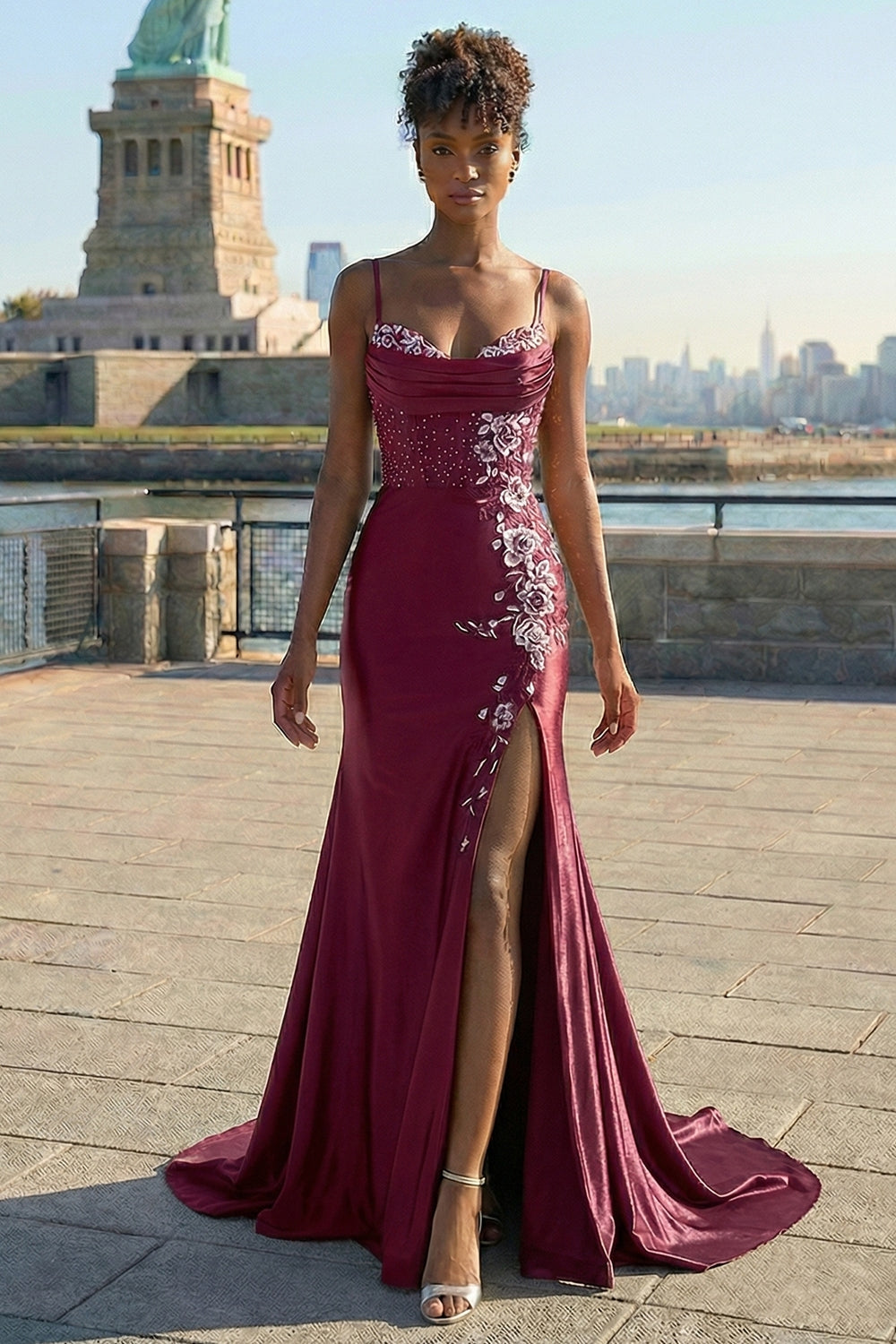 Elegant Navy Mermaid Embroidered Corset Prom Dress With Slit