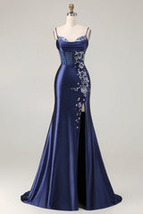 Elegant Navy Mermaid Embroidered Corset Prom Dress With Slit