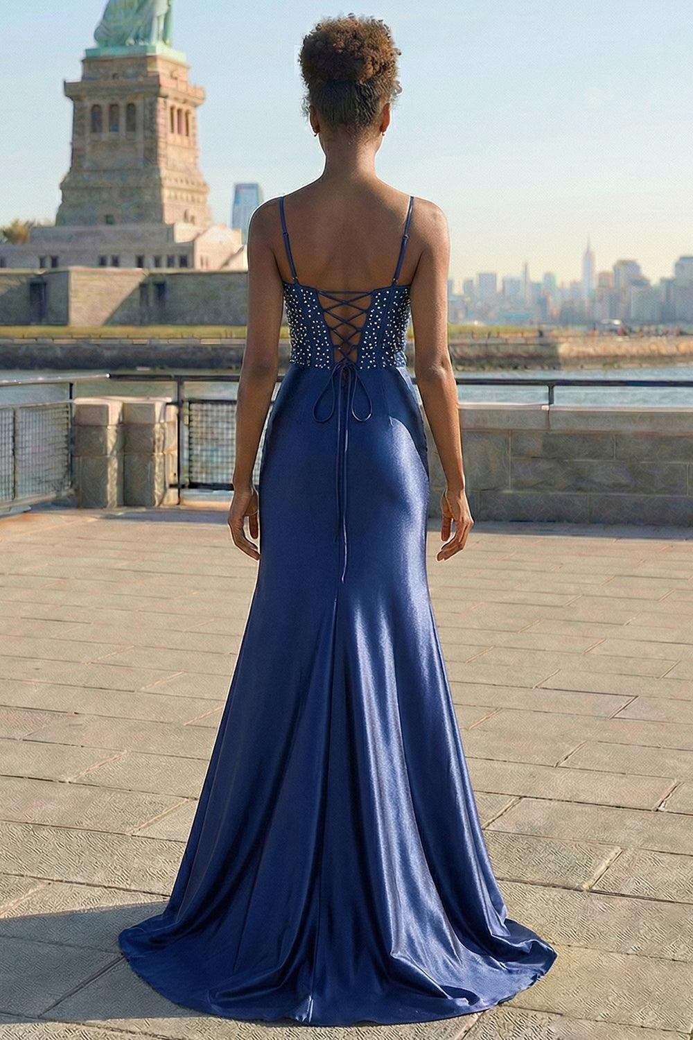 Elegant Navy Mermaid Embroidered Corset Prom Dress With Slit