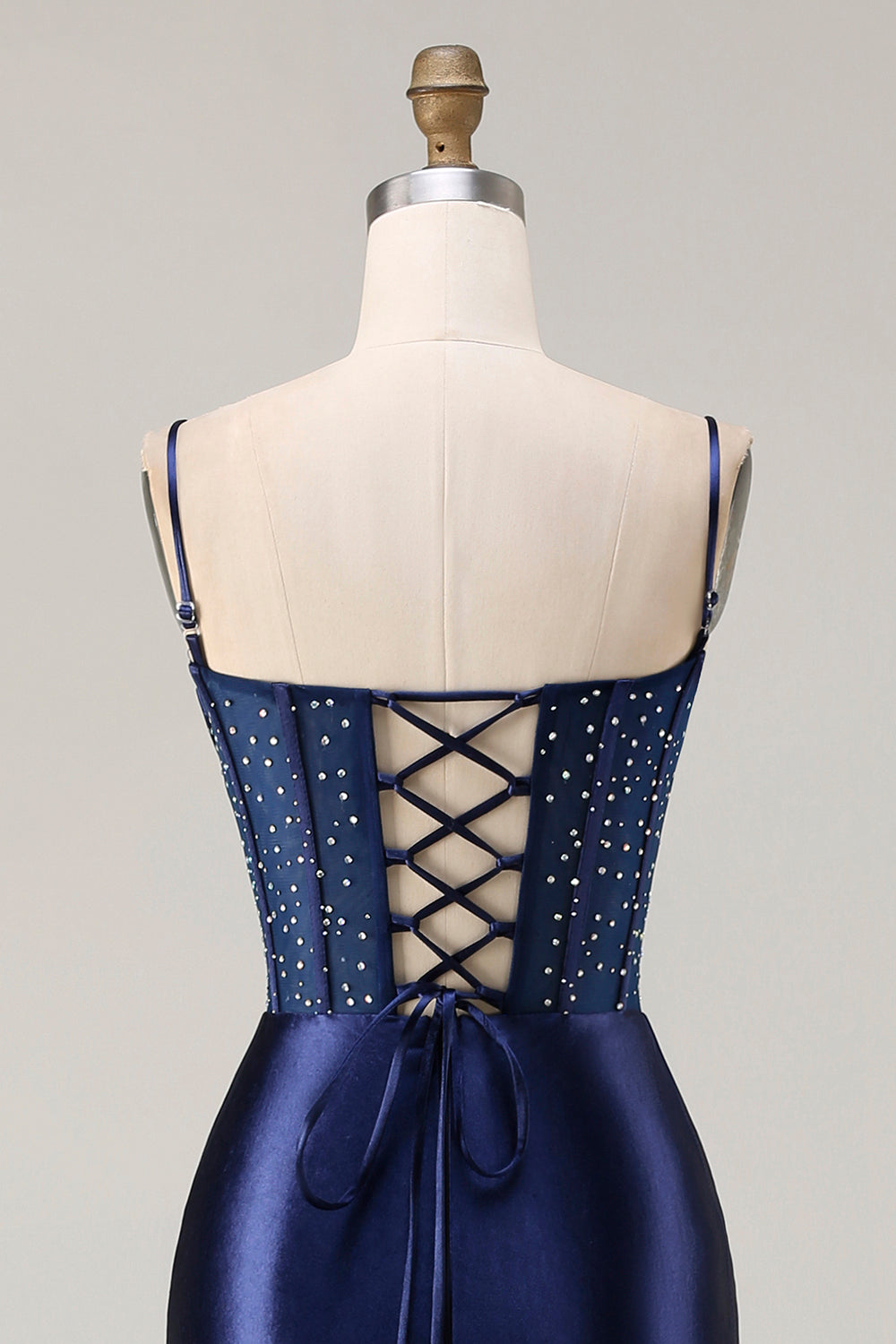 Elegant Navy Mermaid Embroidered Corset Prom Dress With Slit