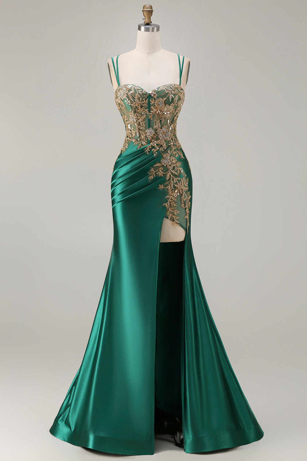 Black Mermaid Beaded Appliqued Satin Prom Dress With Slit