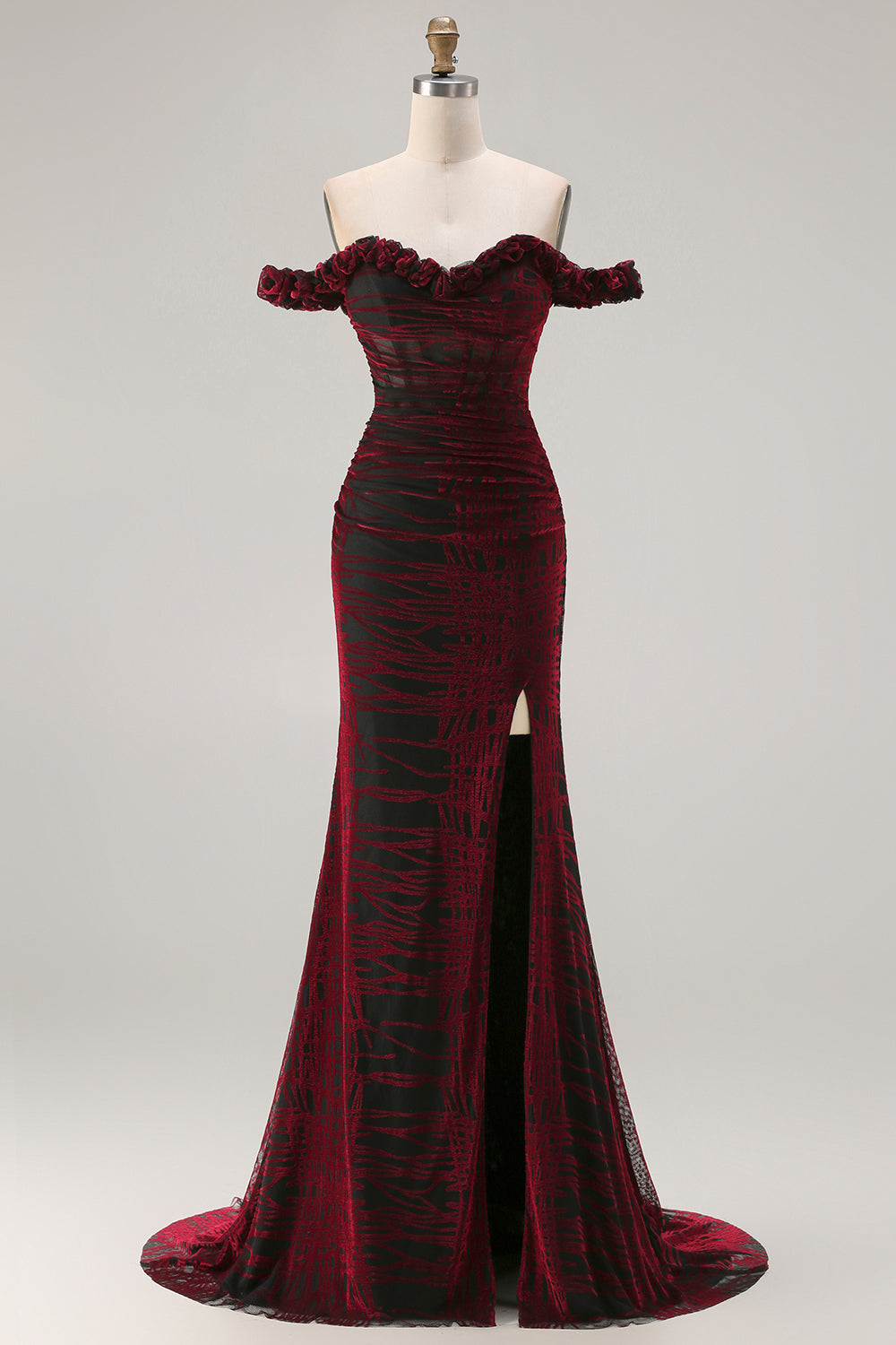Burgundy Burnout Velvet Off The Shoulder Mermaid Prom Dress With Slit