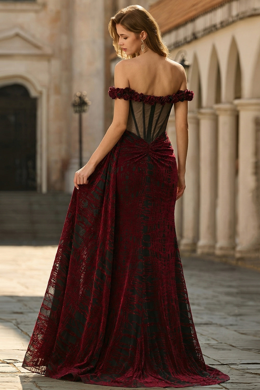 Burgundy Burnout Velvet Off The Shoulder Mermaid Prom Dress With Slit