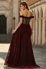 Burgundy Burnout Velvet Off The Shoulder Mermaid Prom Dress With Slit