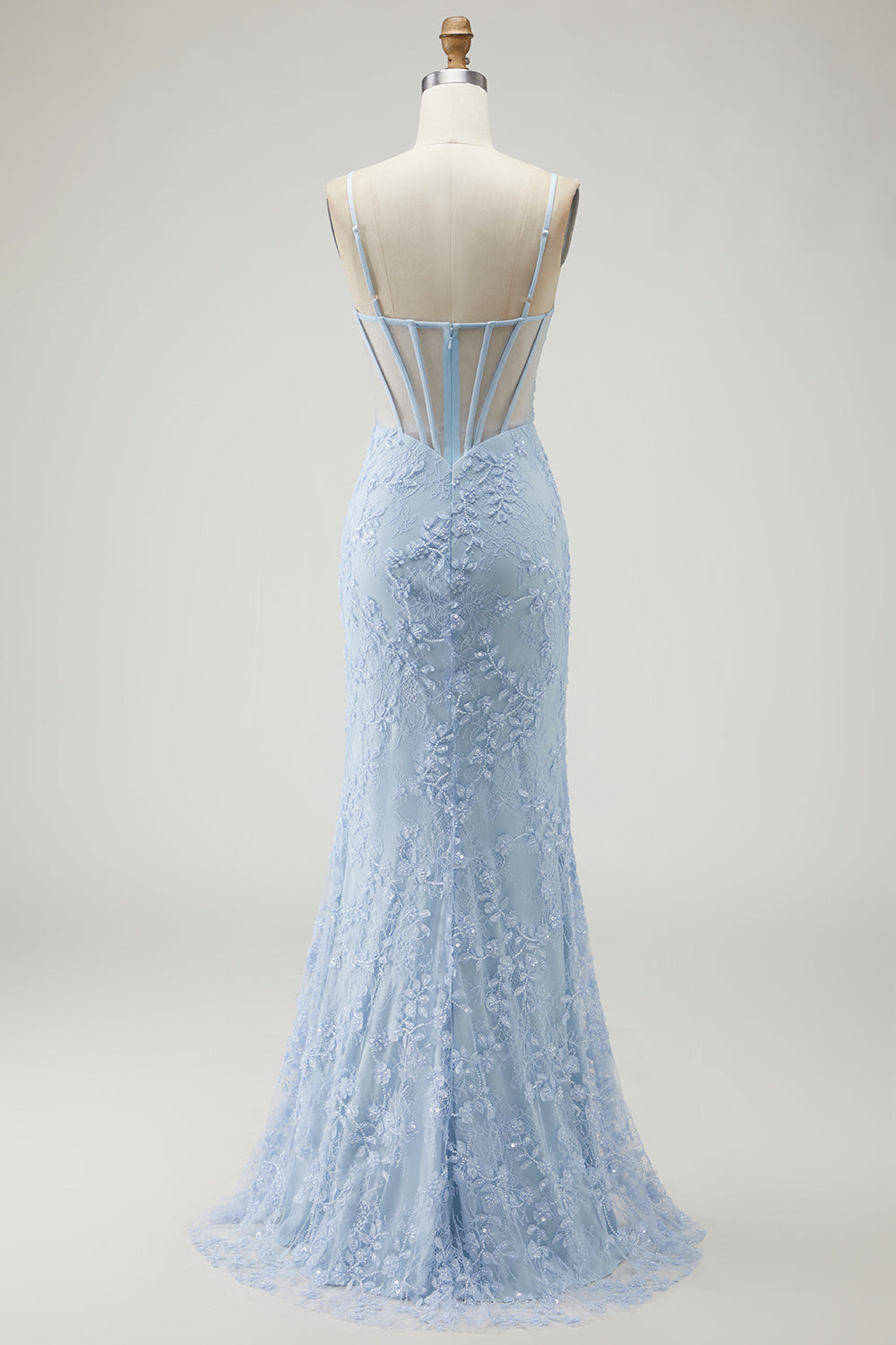 Blue Mermaid Appliqued Corset Prom Dress With Slit