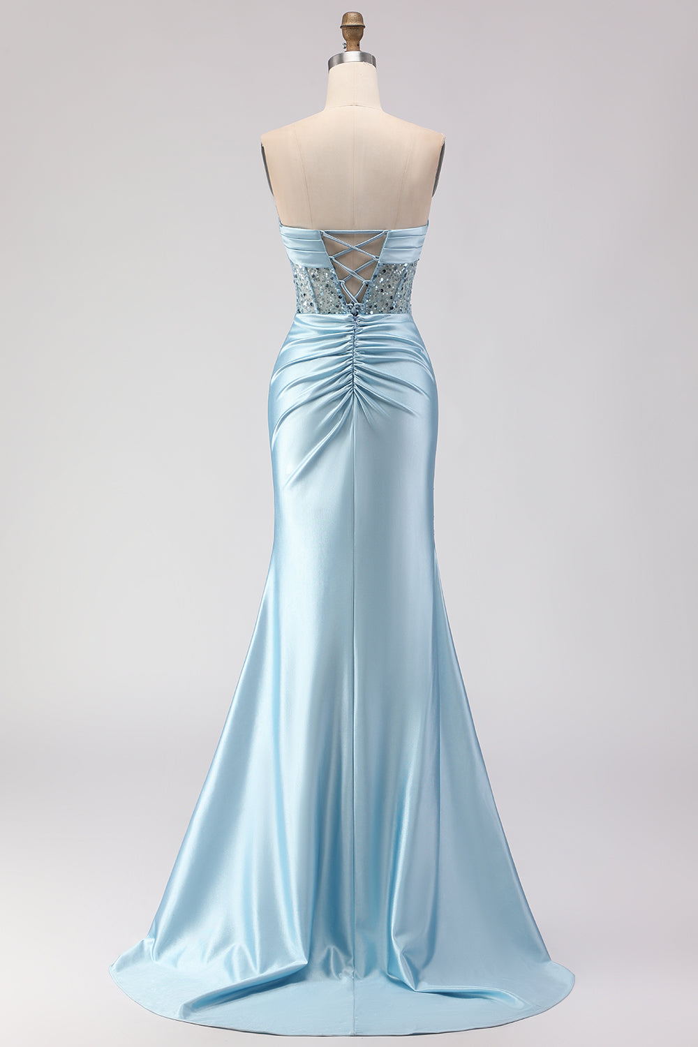 Strapless Blue Sequin Mermaid Satin Prom Dress With Slit