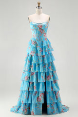 Floral Blue Strapless Tiered A-Line Corset Prom Dress With Slit
