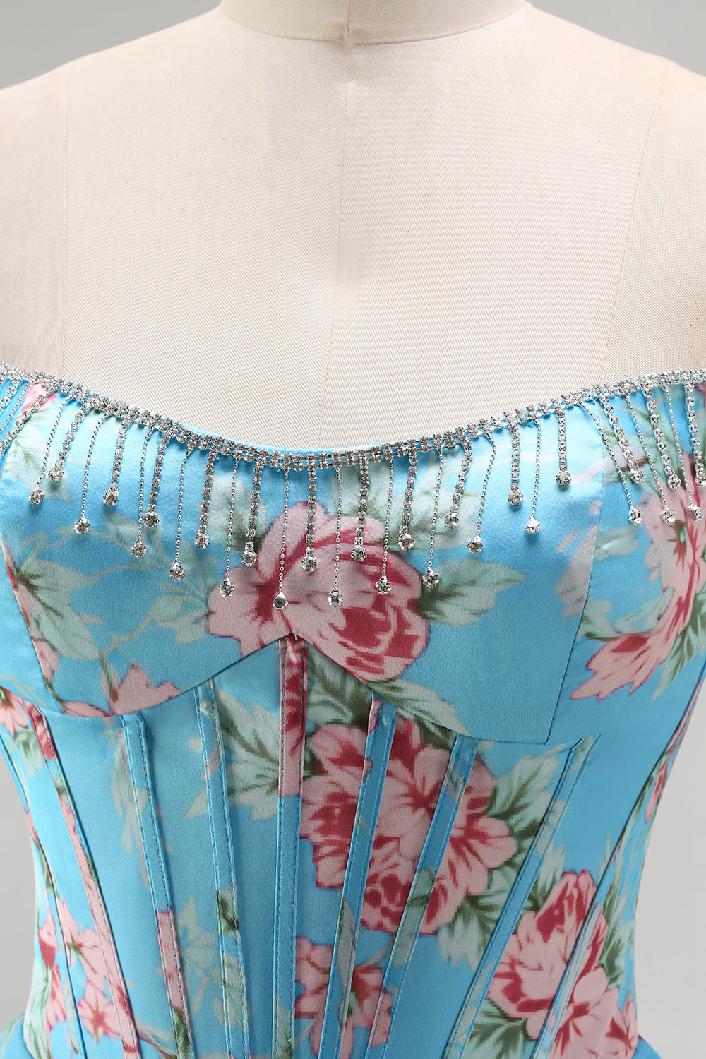 Floral Blue Strapless Tiered A-Line Corset Prom Dress With Slit