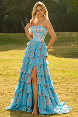 Floral Blue Strapless Tiered A-Line Corset Prom Dress With Slit