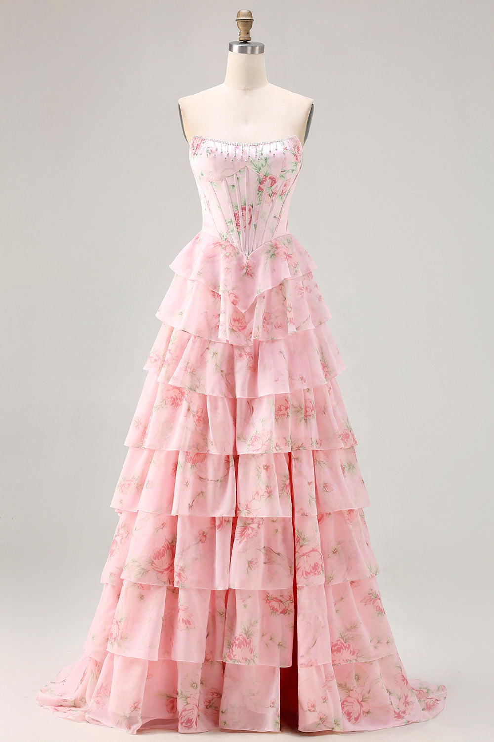 Floral Blue Strapless Tiered A-Line Corset Prom Dress With Slit