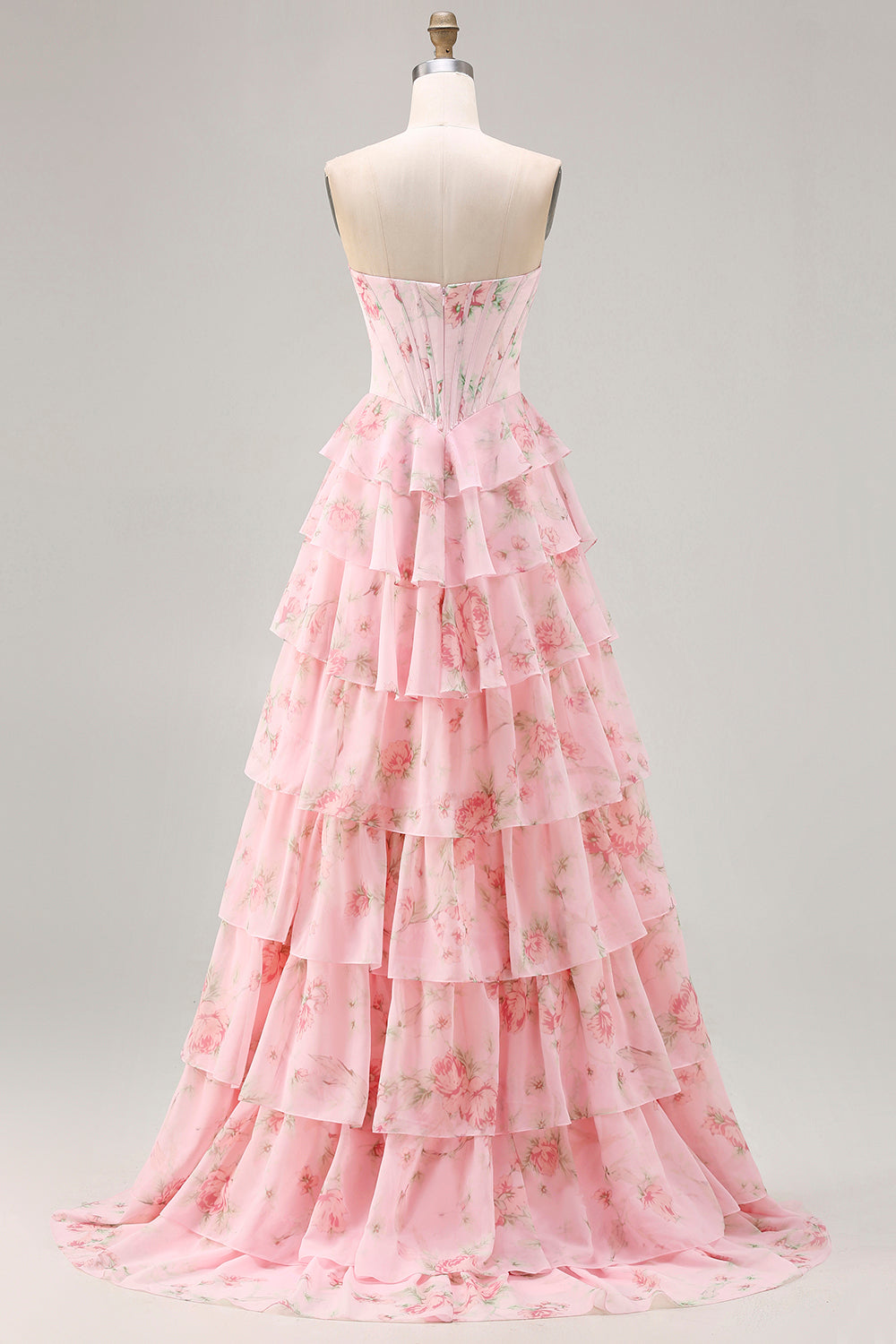 Floral Blue Strapless Tiered A-Line Corset Prom Dress With Slit