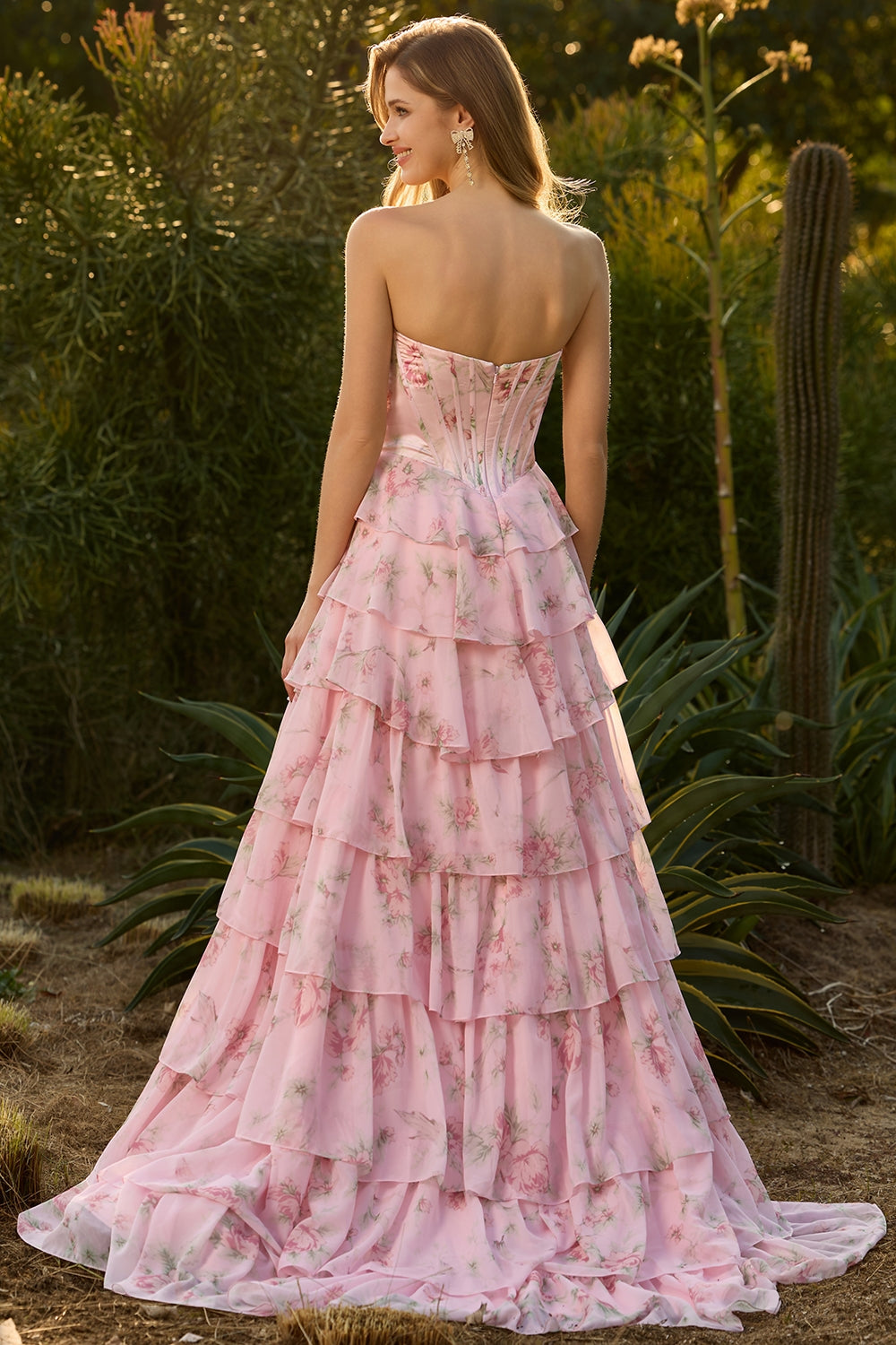 Floral Blue Strapless Tiered A-Line Corset Prom Dress With Slit