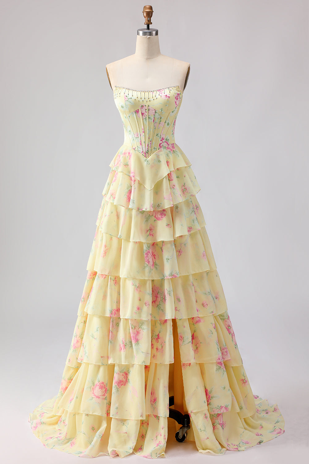 Floral Blue Strapless Tiered A-Line Corset Prom Dress With Slit