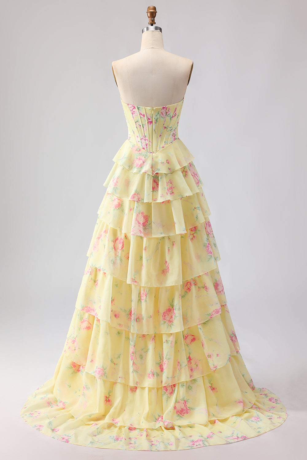 Floral Blue Strapless Tiered A-Line Corset Prom Dress With Slit