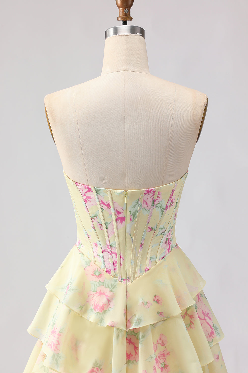 Floral Blue Strapless Tiered A-Line Corset Prom Dress With Slit