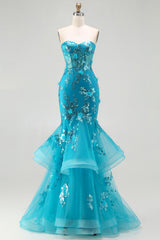 Strapless Blue Mermaid Ruffle Corset Prom Dress With Appliques