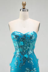 Strapless Blue Mermaid Ruffle Corset Prom Dress With Appliques
