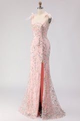 Blush Sequin Mermaid Long Prom Dress With Slit