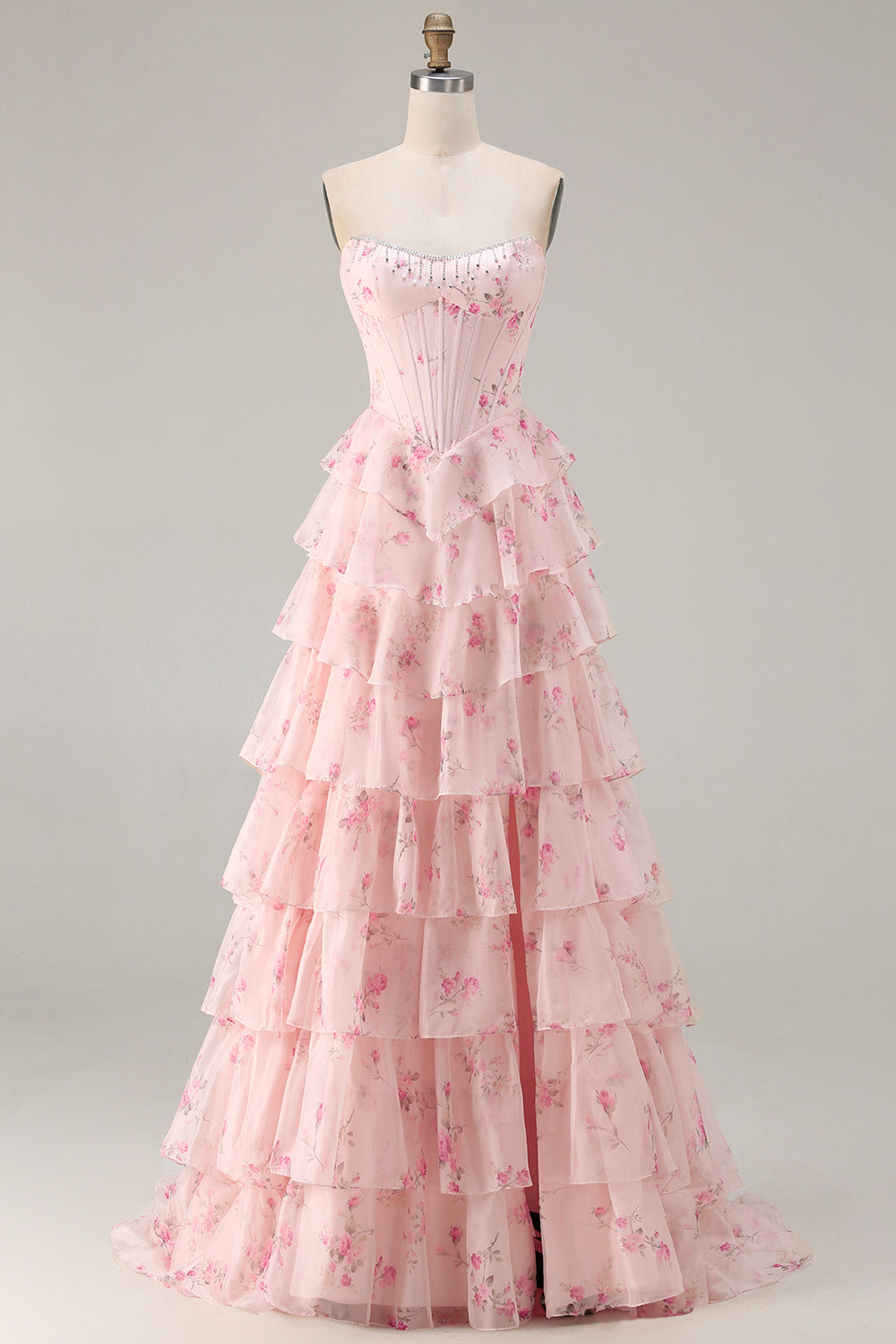 Floral Strapless Yellow A-Line Tiered Corset Prom Dress With Slit