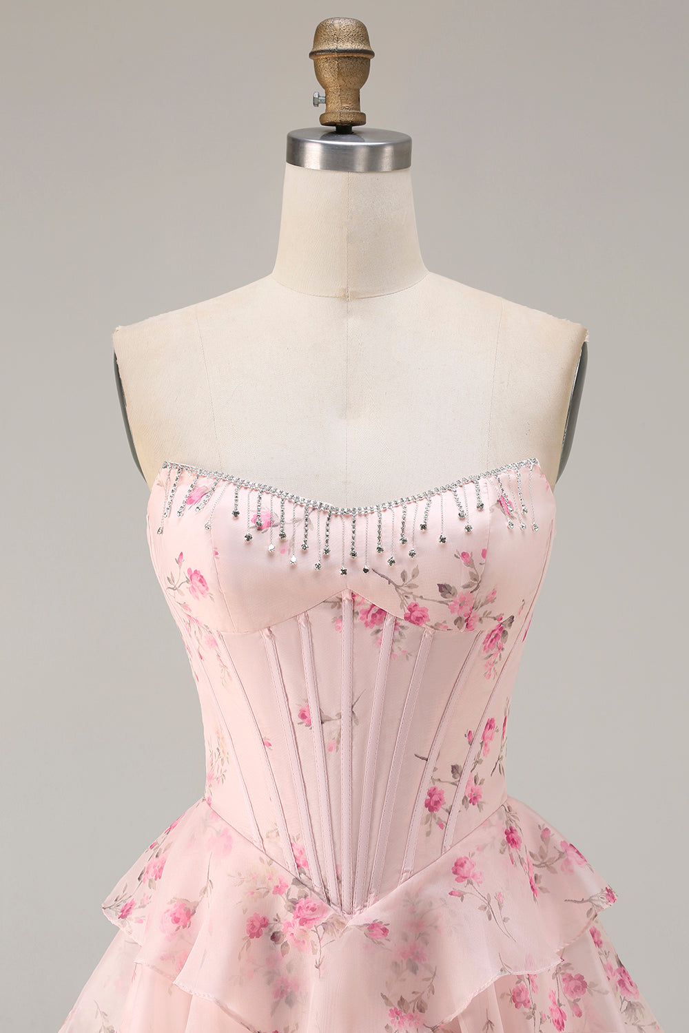 Floral Strapless Yellow A-Line Tiered Corset Prom Dress With Slit