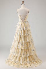 Floral Strapless Yellow A-Line Tiered Corset Prom Dress With Slit