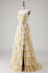 Floral Strapless Yellow A-Line Tiered Corset Prom Dress With Slit