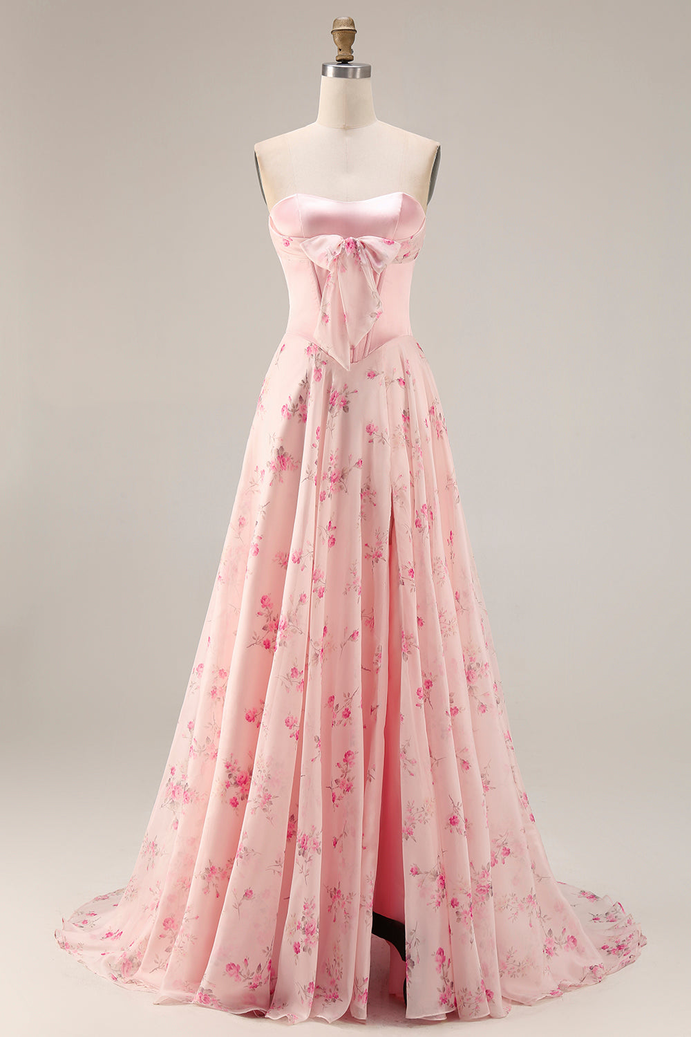 Yellow Blue Floral Strapless Corset A Line Prom Dress