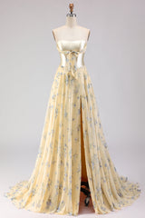 Yellow Blue Floral Strapless Corset A Line Prom Dress