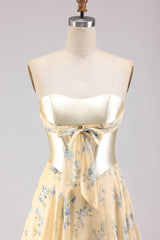Yellow Blue Floral Strapless Corset A Line Prom Dress