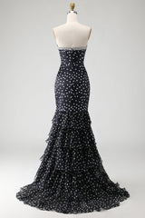 Strapless Black White Dot Corset Tiered Mermaid Prom Dress With Slit