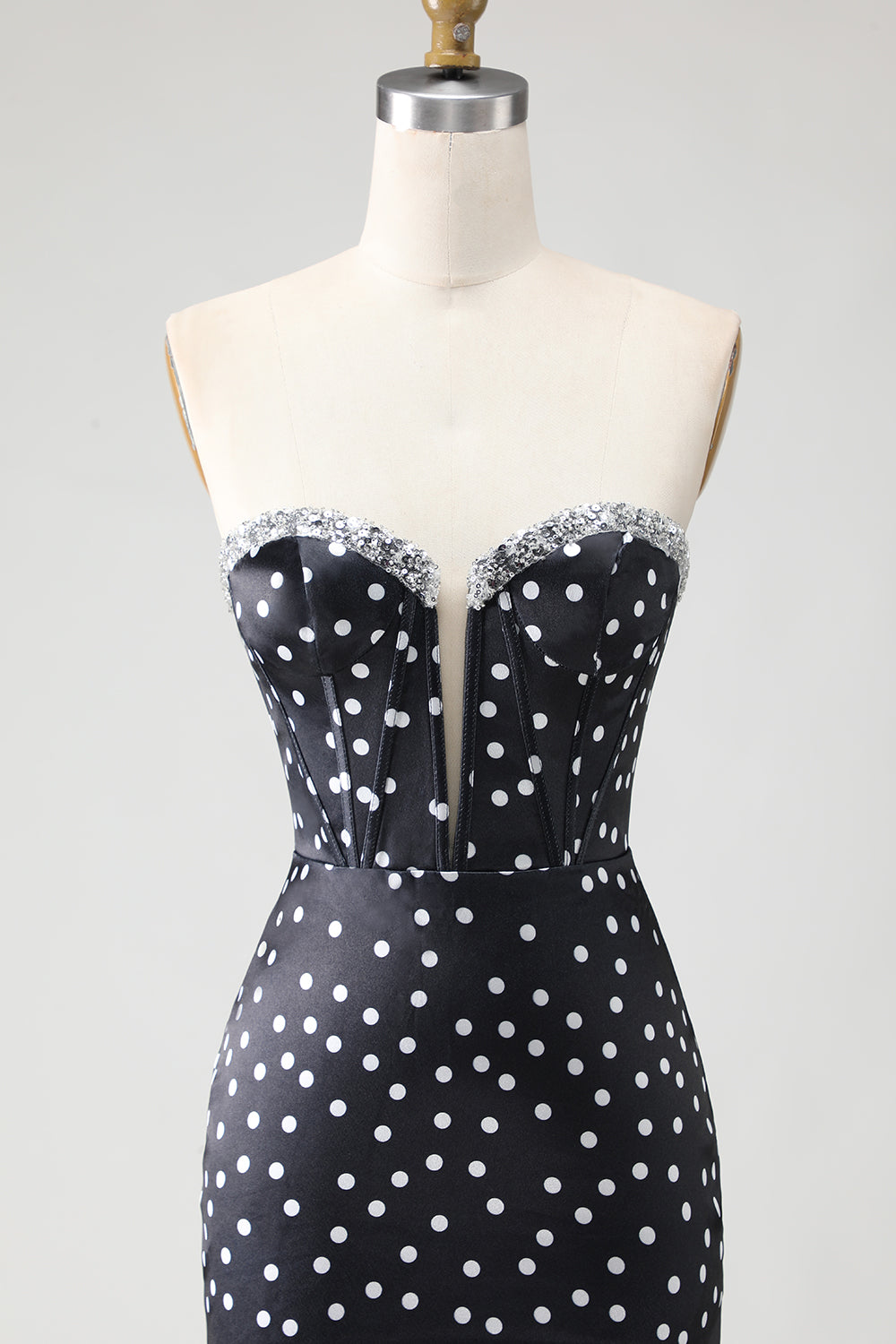Strapless Black White Dot Corset Tiered Mermaid Prom Dress With Slit