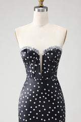 Strapless Black White Dot Corset Tiered Mermaid Prom Dress With Slit