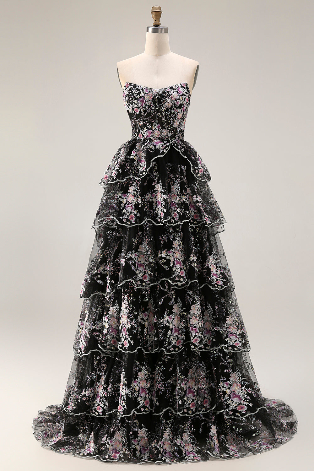 Sparkly White Pink Floral Tiered Strapless Appliqued Prom Dress