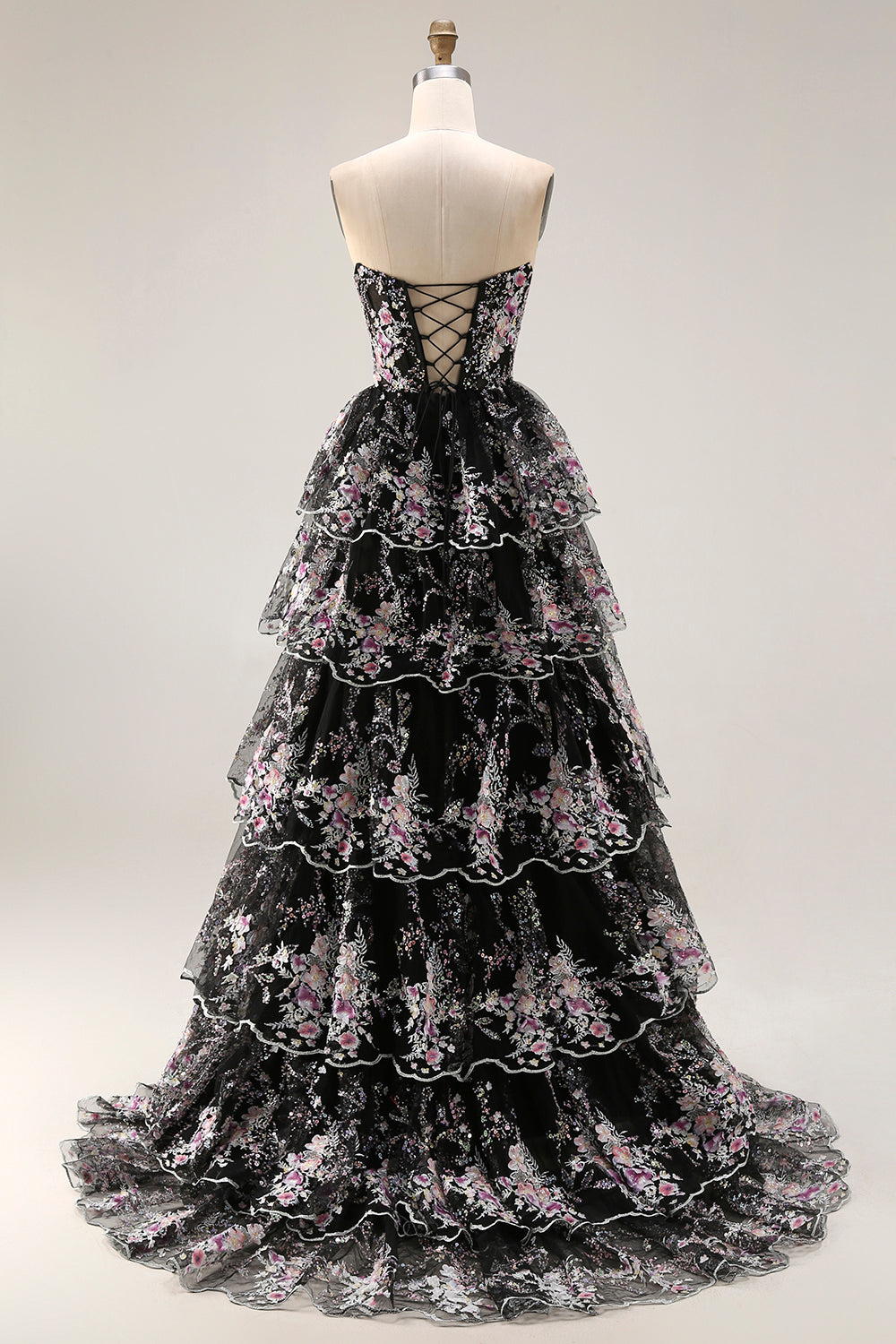 Sparkly White Pink Floral Tiered Strapless Appliqued Prom Dress