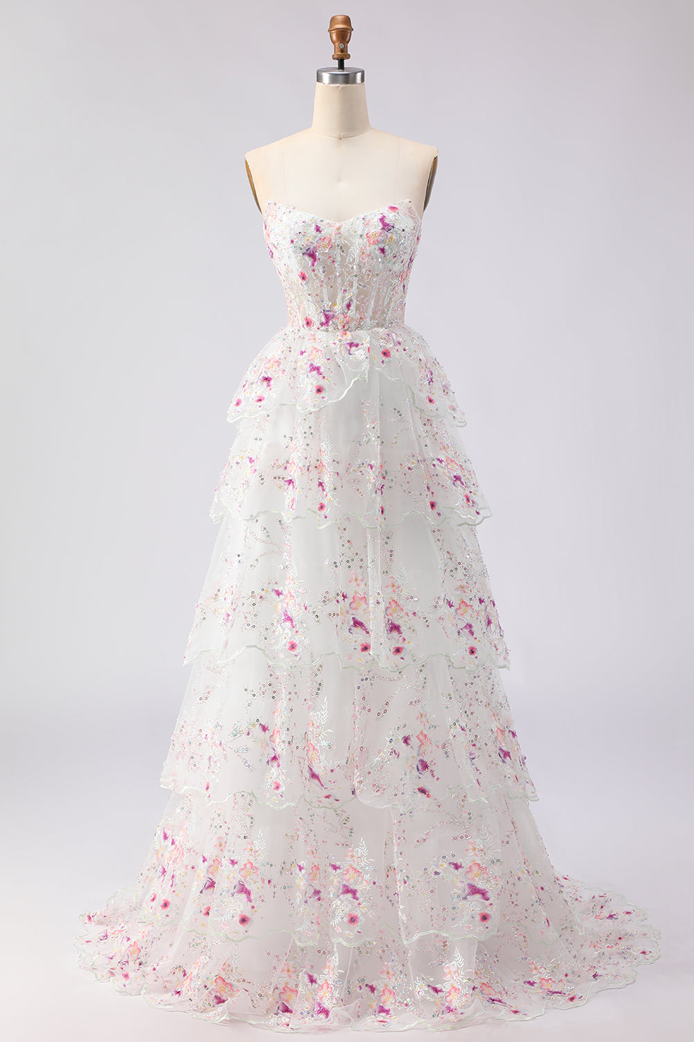 Sparkly Tiered Black Pink Floral Strapless Appliqued Prom Dress