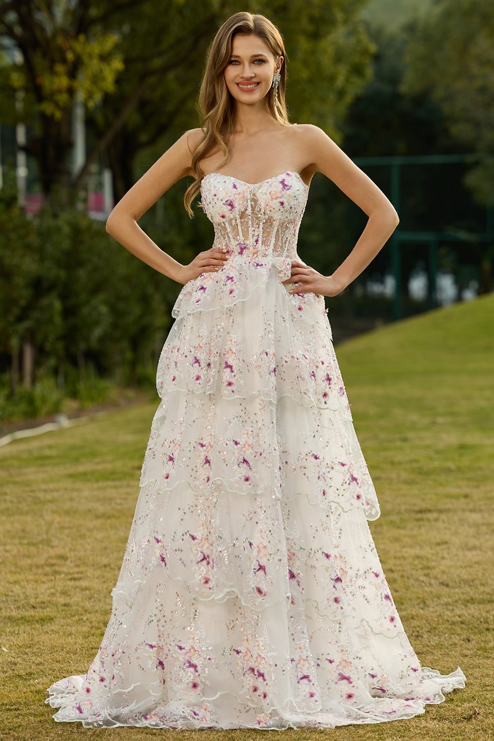 Sparkly White Pink Floral Tiered Strapless Appliqued Prom Dress