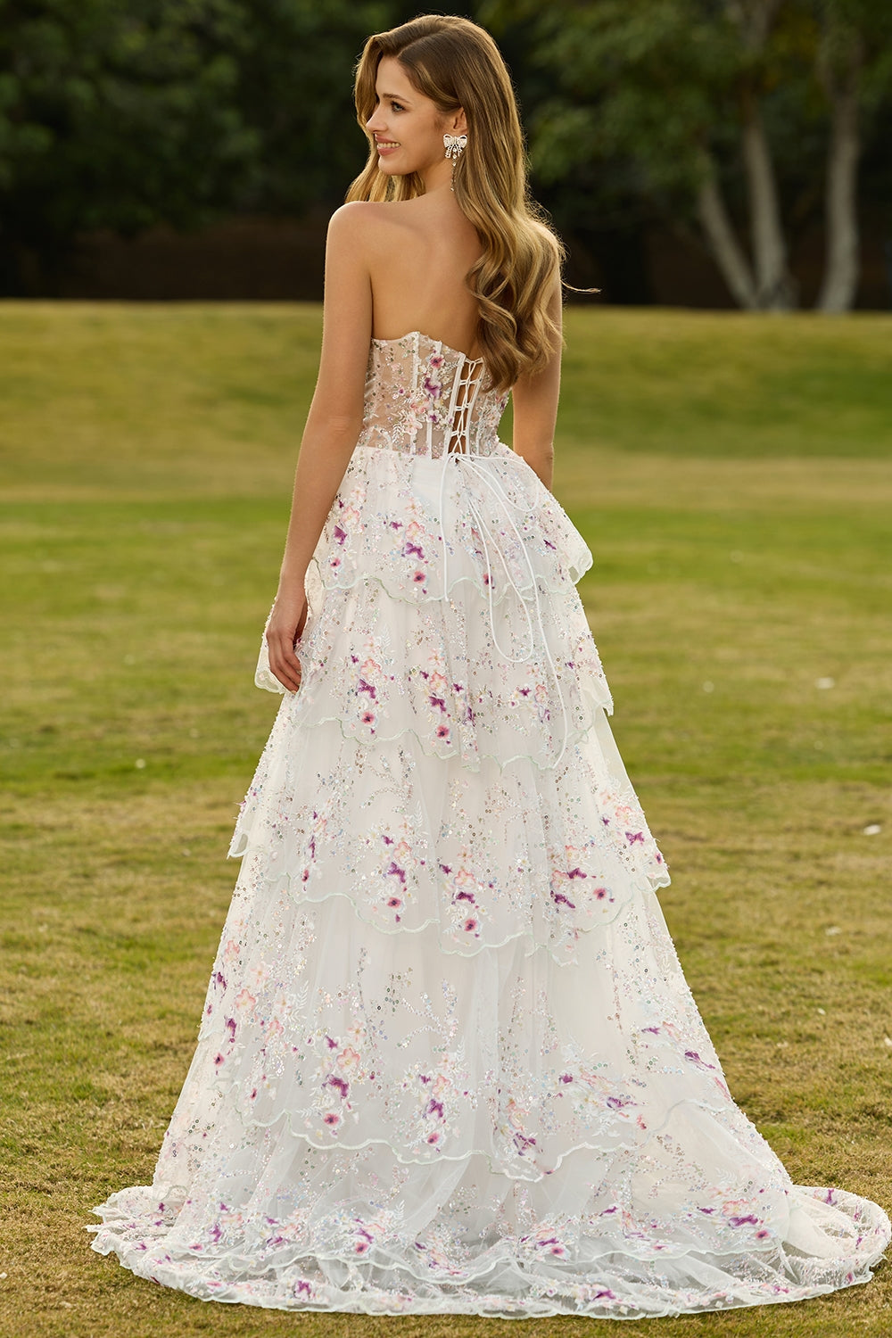 Sparkly White Pink Floral Tiered Strapless Appliqued Prom Dress