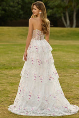 Sparkly White Pink Floral Tiered Strapless Appliqued Prom Dress