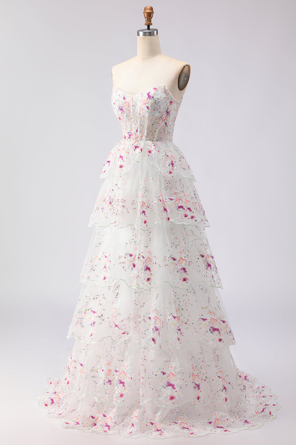Sparkly White Pink Floral Tiered Strapless Appliqued Prom Dress