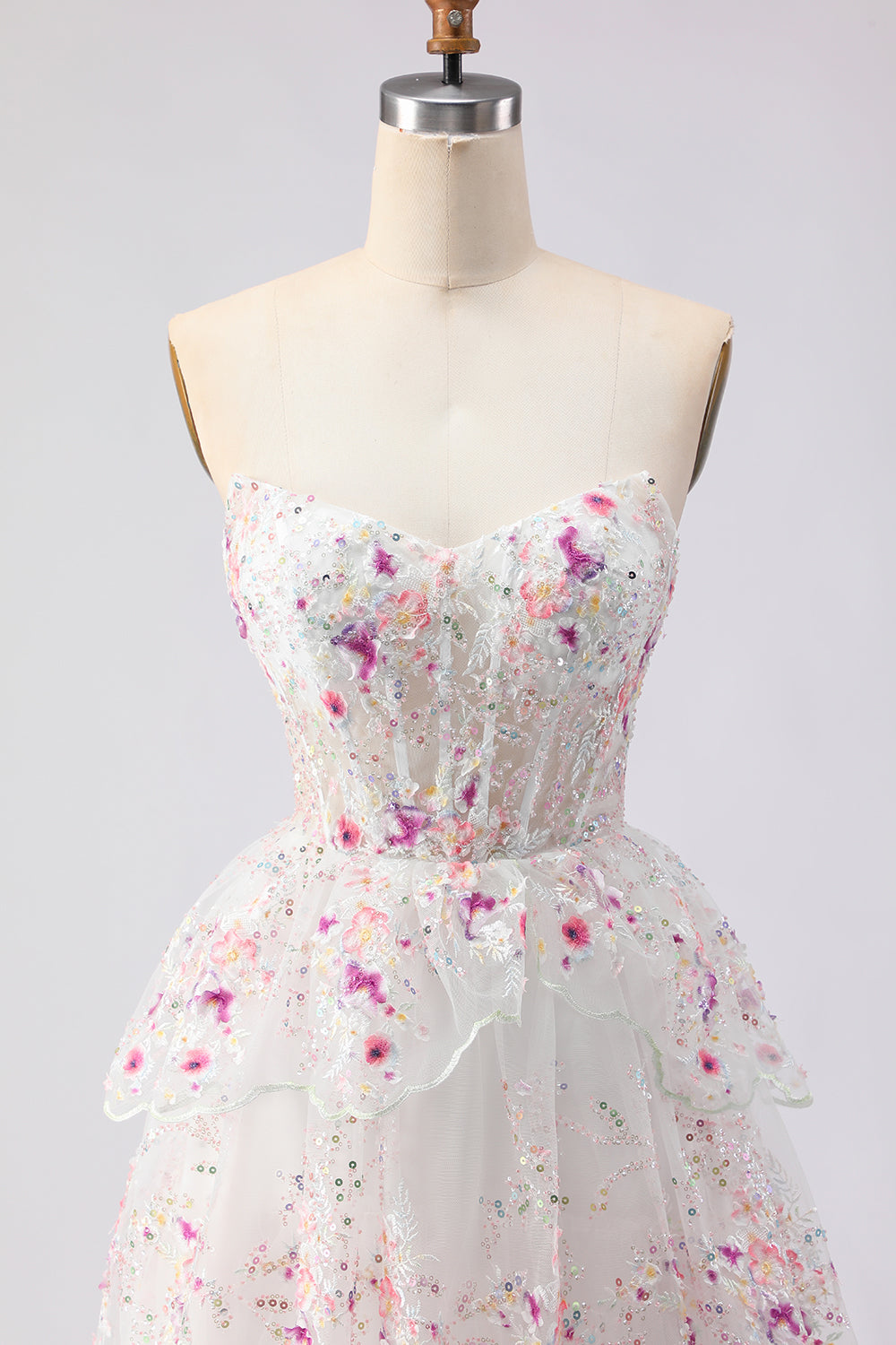 Sparkly White Pink Floral Tiered Strapless Appliqued Prom Dress