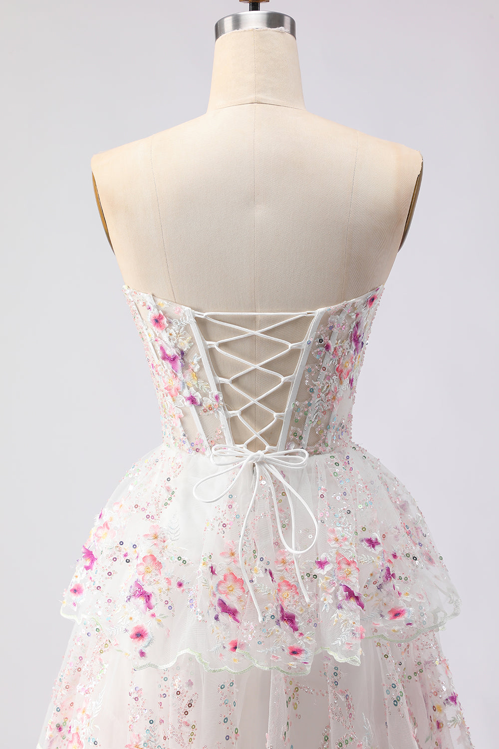 Sparkly Tiered Black Pink Floral Strapless Appliqued Prom Dress